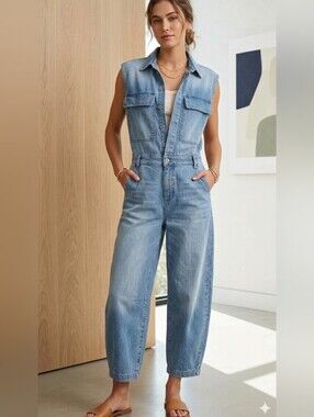 Sleeveless Light Wash Denim Overalls Jumpsuit Small